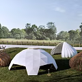 Various Designed Outdoor Tents In Grassy Garden With Trees And Wooden Fence