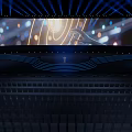 Modern Stage Design With Blue Lighting Large LED Screen And Audience Seats