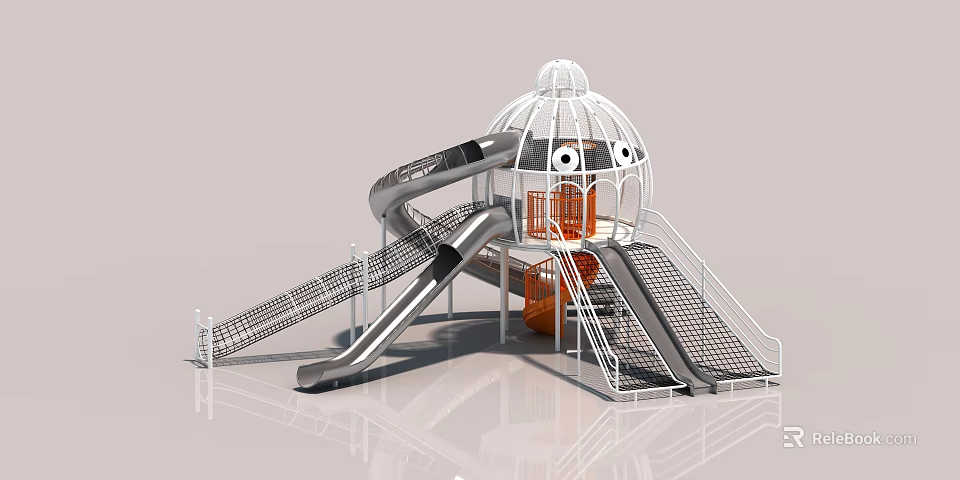 Modern Playground Equipment with White Spherical Dome Silver and Orange Slides and Netted Climbing Stairs 3d model 