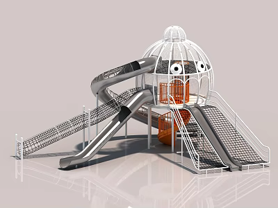 Modern Playground Equipment with White Spherical Dome Silver and Orange Slides and Netted Climbing Stairs 3d model