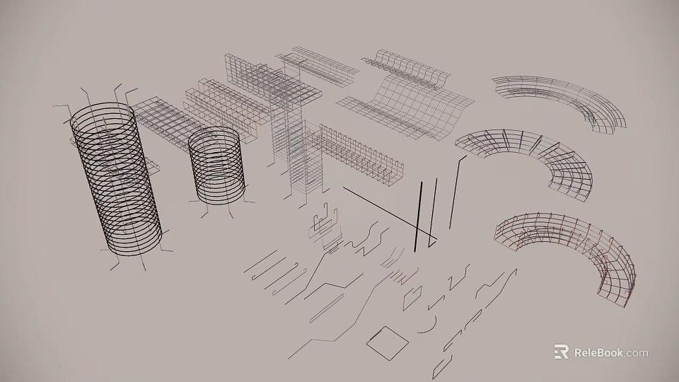 Various Shaped Columns in Wireframe Design with Spiral Cylindrical and Curved Structures and Linear Components 3d model 