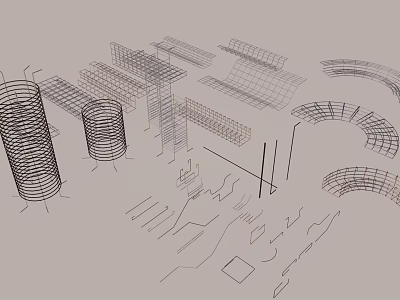 Various Shaped Columns in Wireframe Design with Spiral Cylindrical and Curved Structures and Linear Components 3d model