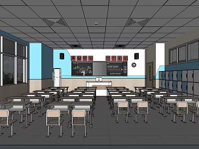 School Classroom Interior Layout With Desks Chairs Blackboard Lockers And Windows 3d model