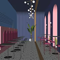 Modern Restaurant Interior With Blue Pink Walls Purple Booths Round Tables Black Chairs And Green Plants