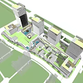 Modern Office Building Complex With Glass Curtain Walls Rooftop Garden Plaza And Water Pool