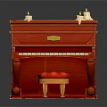 Red Upright Piano With Stool And Candle Decorations On Top