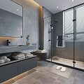 Modern Gray Bathroom Interior With Vanity Large Mirror Glass Shower And Towels