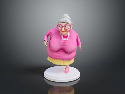 Elderly Lady Character Model With Pink Dress White Bun And Glasses On White Base 3d model