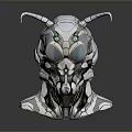 Detailed Mechanical Character And Insectoid Creature With Silver Head Green Eyes And Antennae