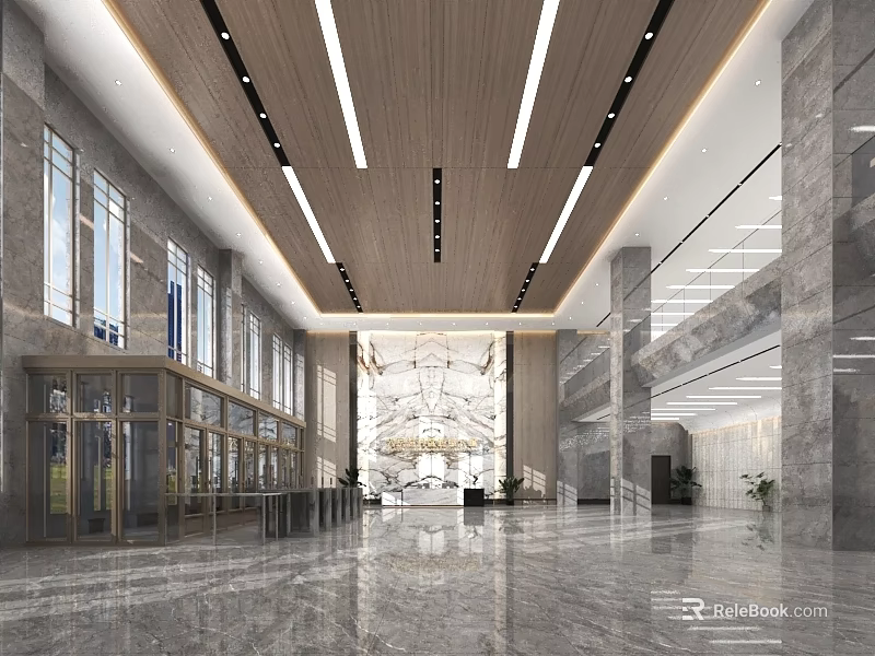 Modern Hotel Lobby Interior Design With High Ceiling Marble Floor And Large Windows 3d model