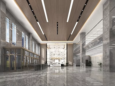 Modern Hotel Lobby Interior Design With High Ceiling Marble Floor And Large Windows 3d model