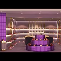 Elegant Shoe Boutique with Purple Gold Decor Racks Central Display High Heels Handbags Sofa Seats