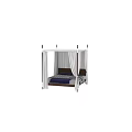 Modern Four Poster Bed With White Curtains Wooden Frame And Striped Bedding