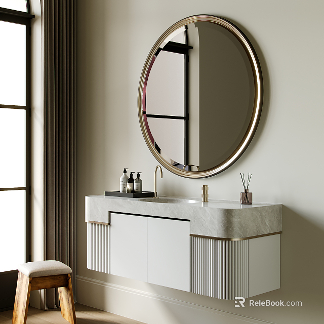 Modern Bathroom Vanity With Marble Countertop Round Gold Mirror And White Cabinets 3d model 