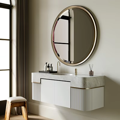 Modern Bathroom Vanity With Marble Countertop Round Gold Mirror And White Cabinets 3d model