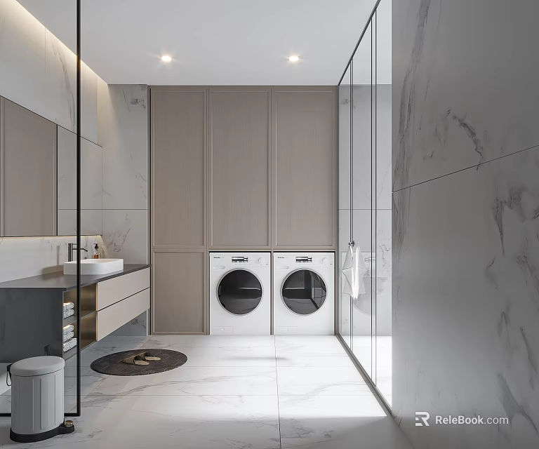 Modern Home Balcony With Gray Cabinets Washing Machines Sink And Marble Floor Glass Partition 3d model 