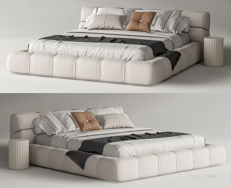 Modern Upholstered Double Bed With White Gray Bedding Brown Pillow And Side Table 3d model