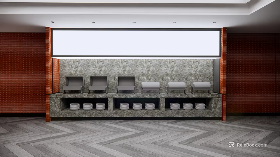 Modern Reception Area with Marble Wall Red Brick Background Grey Devices White Containers Herringbone Floor 3d model 