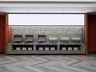 Modern Reception Area with Marble Wall Red Brick Background Grey Devices White Containers Herringbone Floor 3d model