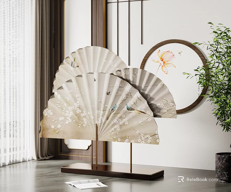Chinese Style Decorative Ornament Set With Fans Circular Painting Green Plant And Wooden Base 3d model 