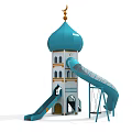 Mosque Style Play Tower With Blue Dome Crescent And Slides For Kids