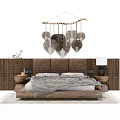Double Bed Interior With Wooden Headboard Gray Blanket Pillows And Hanging Decor