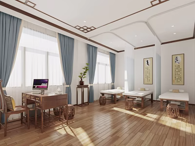 Chinese Style Relaxation Room With Wooden Furniture Blue Curtains And Calligraphy Scrolls 3d model