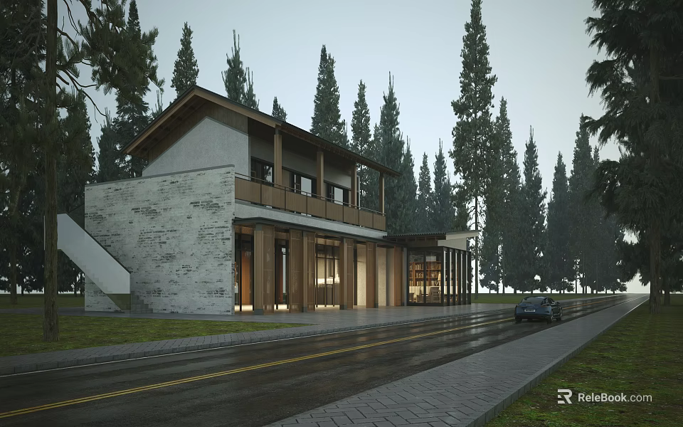 Two Story Cottage Building With Stone Walls And Wooden Facade Surrounded By Tall Trees 3d model 