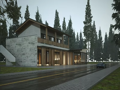 Two Story Cottage Building With Stone Walls And Wooden Facade Surrounded By Tall Trees 3d model