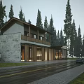 Two Story Cottage Building With Stone Walls And Wooden Facade Surrounded By Tall Trees