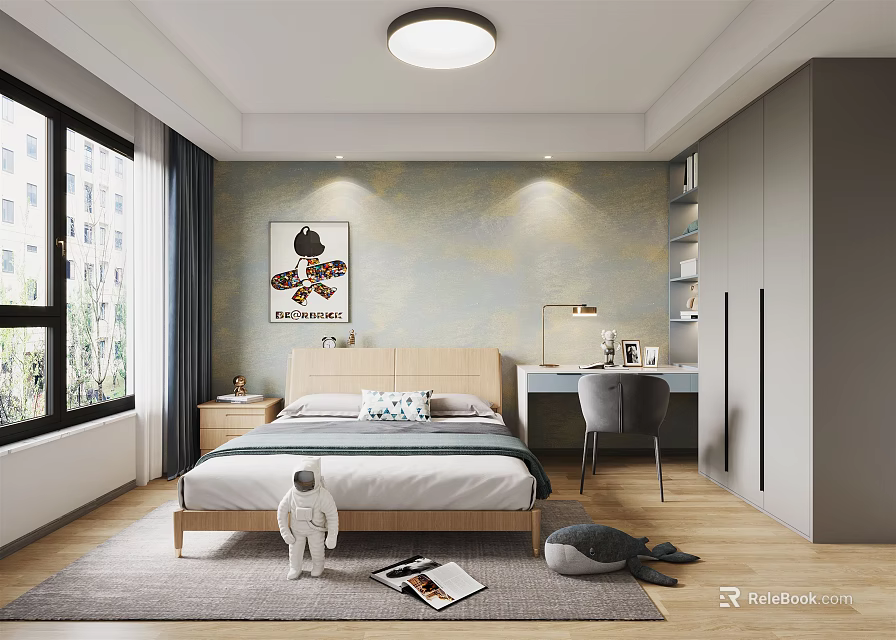 Modern Kids Room Interior With Bed Desk Wardrobe Stuffed Toy Rug And Wall Art 3d model 