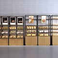 Bakery Display Shelves with Metal Frames Wooden Cabinets Bread and Display Signs