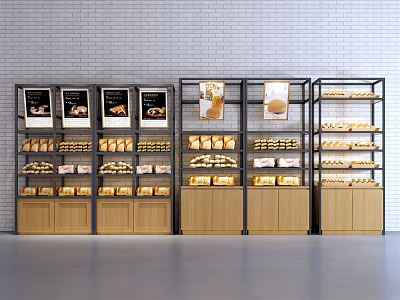 Bakery Display Shelves with Metal Frames Wooden Cabinets Bread and Display Signs 3d model