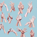 Woman's Hands Displaying Diverse Gestures Against Light Blue Background