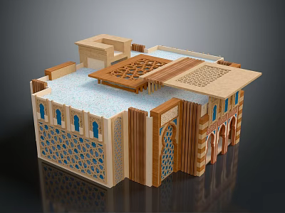 Traditional Islamic Building Model With Geometric Patterns Arched Doors And Wooden Courtyard Design 3d model