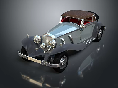 Vintage Convertible Car Featuring Silver Body Brown Top Classic Chrome Details and Round Headlights 3d model