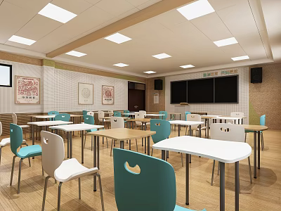 Modern School Classroom Interior With Colorful Tables Chairs Blackboard And Wall Decorations 3d model