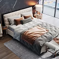 Modern Double Bed Bedroom Interior With Plush Pillows Cozy Blanket And City View