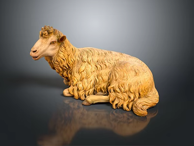 Golden Curly Wool Sheep Sculpture in Lying Posture with Dark Background Reflection 3d model