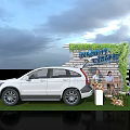 Modern Car Exhibition Booth With White SUV Blue Car And Green Decorations