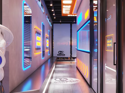 Modern Dance Hall Interior With Neon Lights And Futuristic Corridor Design 3d model