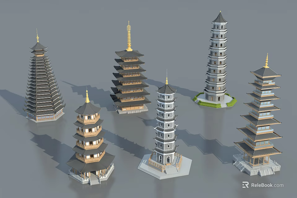 Traditional Pagodas With Various Multi Tiered Structures And Ornate Roofs 3d model 