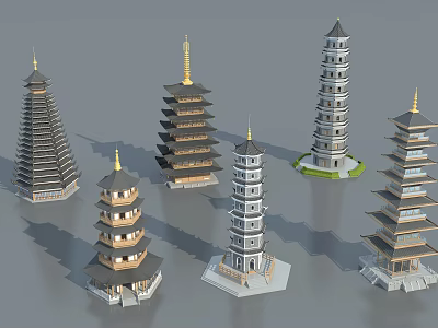 Traditional Pagodas With Various Multi Tiered Structures And Ornate Roofs 3d model
