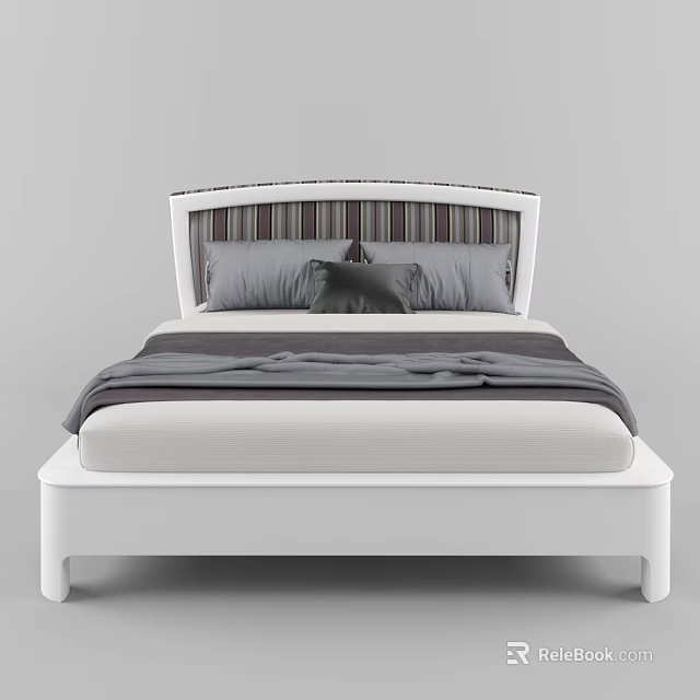 Modern Double Bed With White Headboard Striped Cushions And Gray Bedding 3d model