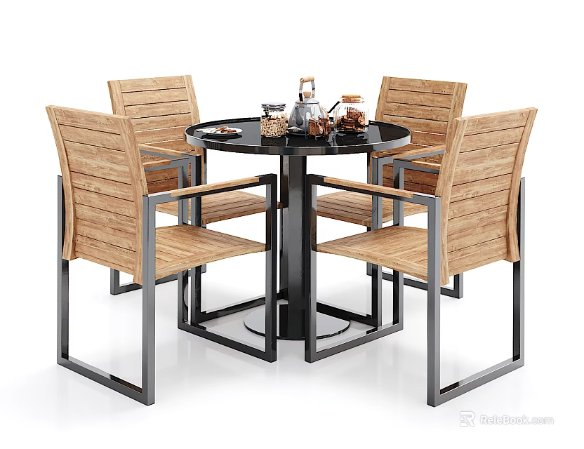 Modern Round Dining Table With Four Wooden Metal Frame Chairs Set 3d model