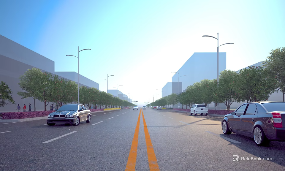 Wide Municipal Road With Two Way Lanes Yellow Dividing Lines Street Lights Trees And Vehicles 3d model 