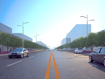 Wide Municipal Road With Two Way Lanes Yellow Dividing Lines Street Lights Trees And Vehicles 3d model