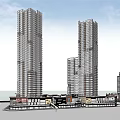 Modern High Rise Office Towers With Green Landscaped Areas And Pedestrian Paths