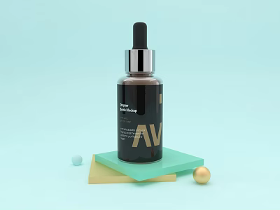 Cosmetic Serum Brown Dropper Bottle With AV Label On Green Yellow Base Light Blue Background 3d model