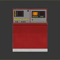 Red Control Console Equipment With Dual Screens Buttons Indicators And White Base